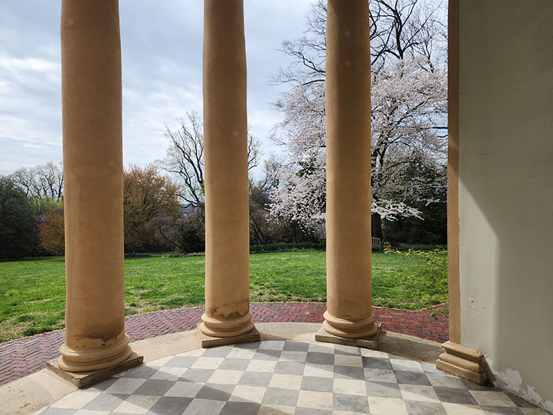 The circular temple front at Tudor Place is a unique example of a portico fully in the round.