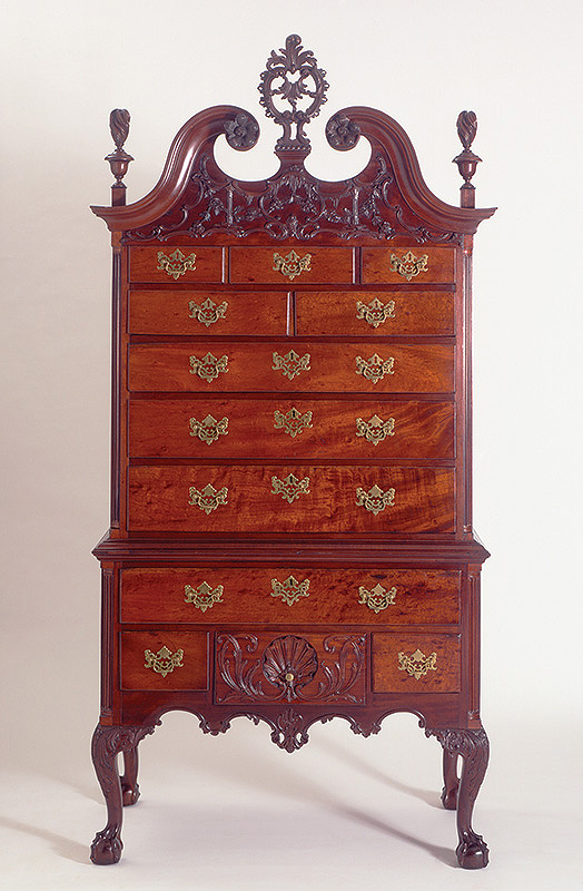 Figure 2. Carving attributed to John Pollard and Hercules Courtenay, High chest, 1765–80, Philadelphia, PA. Mahogany, tulip poplar, oak, yellow pine, cedar. Winterthur Museum, Gift of Henry Francis du Pont, 1958.0592. Image courtesy Winterthur Museum, Garden & Library.