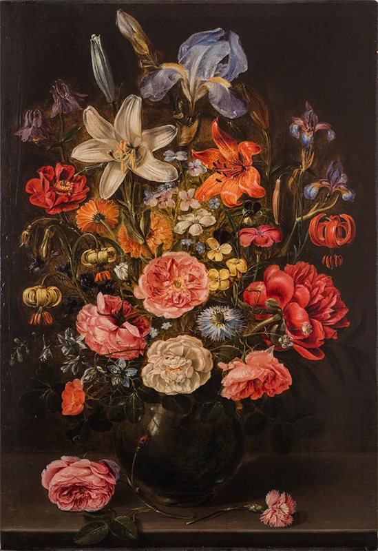Clara Peeters, 𝘈 𝘚𝘵𝘪𝘭𝘭 𝘓𝘪𝘧𝘦 𝘰𝘧 𝘓𝘪𝘭𝘪𝘦𝘴, 𝘙𝘰𝘴𝘦𝘴, 𝘐𝘳𝘪𝘴, 𝘗𝘢𝘯𝘴𝘪𝘦𝘴, 𝘊𝘰𝘭𝘶𝘮𝘣𝘪𝘯𝘦, 𝘓𝘰𝘷𝘦-𝘪𝘯-𝘢-𝘔𝘪𝘴𝘵, 𝘓𝘢𝘳𝘬𝘴𝘱𝘶𝘳 𝘢𝘯𝘥 𝘖𝘵𝘩𝘦𝘳 𝘍𝘭𝘰𝘸𝘦𝘳𝘴 𝘪𝘯 𝘢 𝘎𝘭𝘢𝘴𝘴 𝘝𝘢𝘴𝘦 𝘰𝘯 𝘢 𝘛𝘢𝘣𝘭𝘦 𝘛𝘰𝘱, 𝘍𝘭𝘢𝘯𝘬𝘦𝘥 𝘣𝘺 𝘢 𝘙𝘰𝘴𝘦 𝘢𝘯𝘥 𝘢 𝘊𝘢𝘳𝘯𝘢𝘵𝘪𝘰𝘯, c. 1610; National Museum of Women in the Arts, Gift of Wallace and Wilhelmina Holladay.