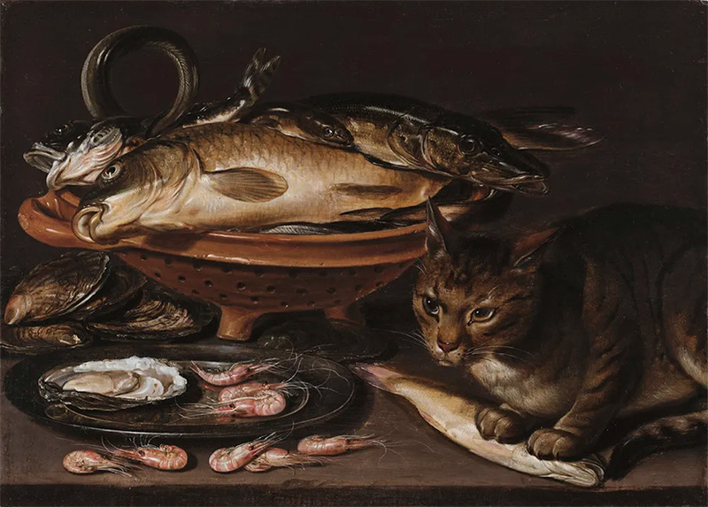 Clara Peeters, 𝘚𝘵𝘪𝘭𝘭 𝘓𝘪𝘧𝘦 𝘰𝘧 𝘍𝘪𝘴𝘩 𝘢𝘯𝘥 𝘊𝘢𝘵, after 1620. National Museum of Women in the Arts, Gift of Wallace and Wilhelmina Holladay.