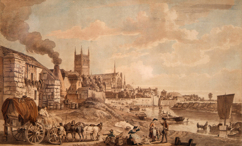Figure 2. Paul Sandby, 𝘈 𝘝𝘪𝘦𝘸 𝘞𝘰𝘳𝘤𝘦𝘴𝘵𝘦𝘳, 1792, showing the smoking kiln of the Flight & Barr factory to the left and the River Severn. Aquatint, watercolor. Museum of Royal Worcester.