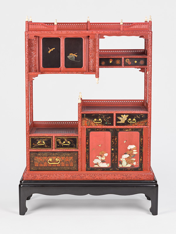 Figure 1. Shibayama Soichi, Cabinet, Meiji Period, late 19th century, Tokyo, Japan. Lacquered wood with horn, mother-of-pearl, jade, bronze, and malachite inlays. Philadelphia Museum of Art, purchased with Museum funds, 1876–1681.