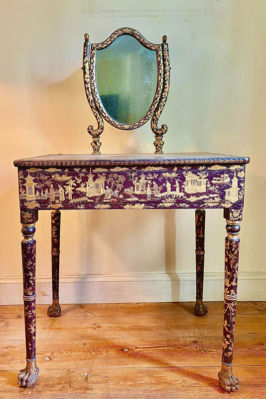 Figure 1. Writing Desk, 1810–30 (mirror added 1870–90), China. Lacquer on wood. Wyck Association 78.2. Pre-conservation photos courtesy Grace Ford-Dirks/Wyck Association.